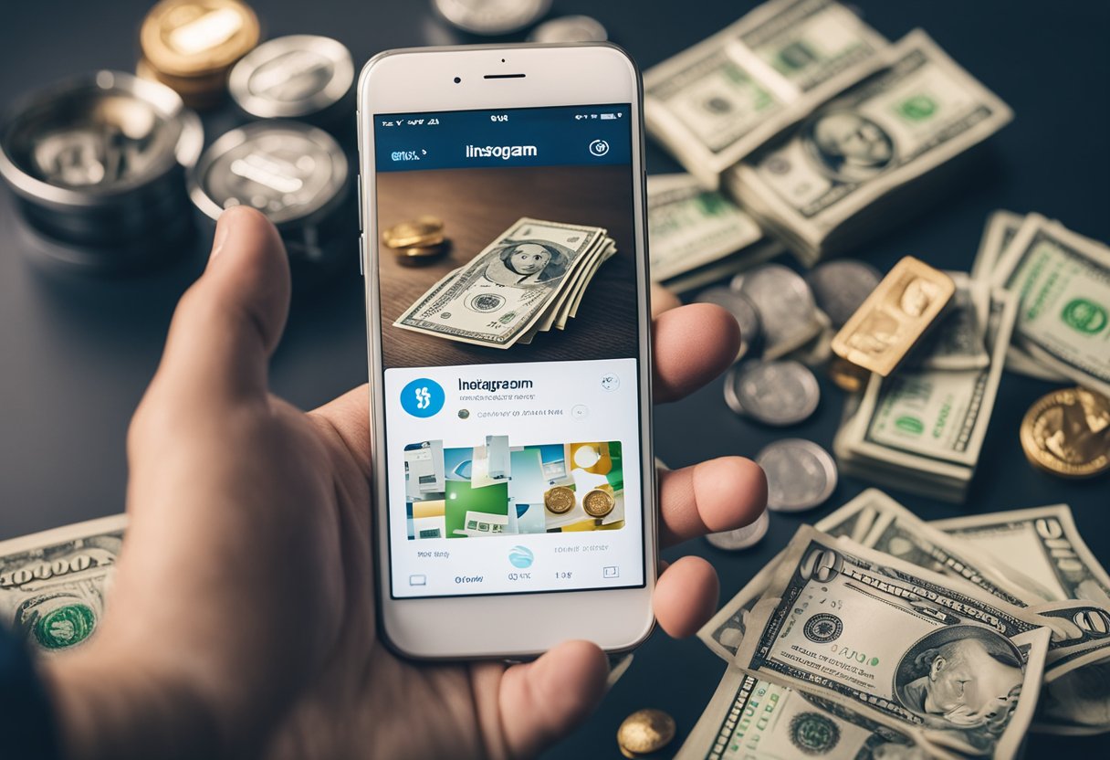 Uma pessoa segurando um smartphone com o aplicativo do Instagram aberto, cercada por ícones de dinheiro, um gráfico de crescimento e um símbolo de dólar.