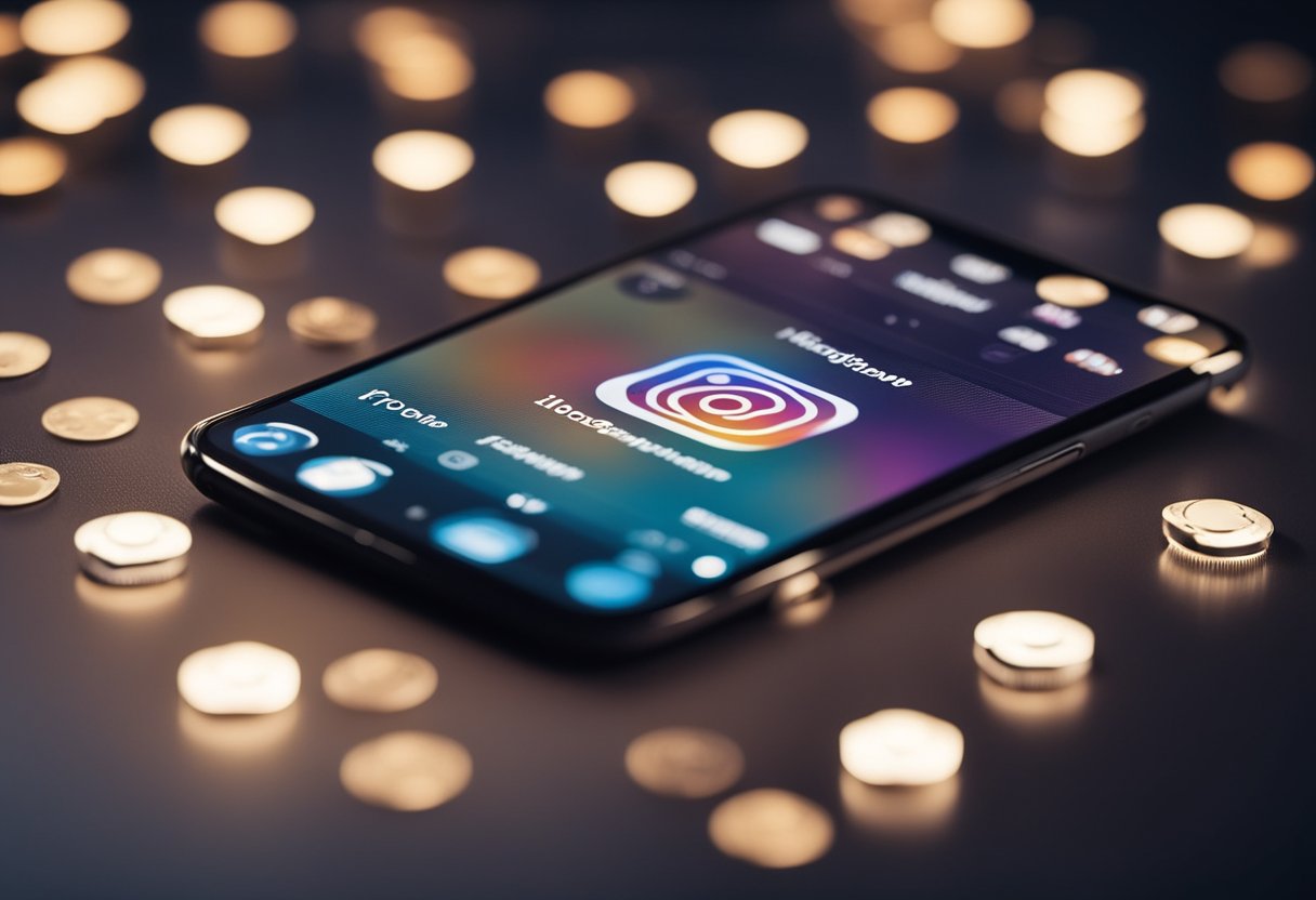Um smartphone com um aplicativo do Instagram estilizado aberto, exibindo um perfil com um alto número de seguidores e métricas de engajamento.