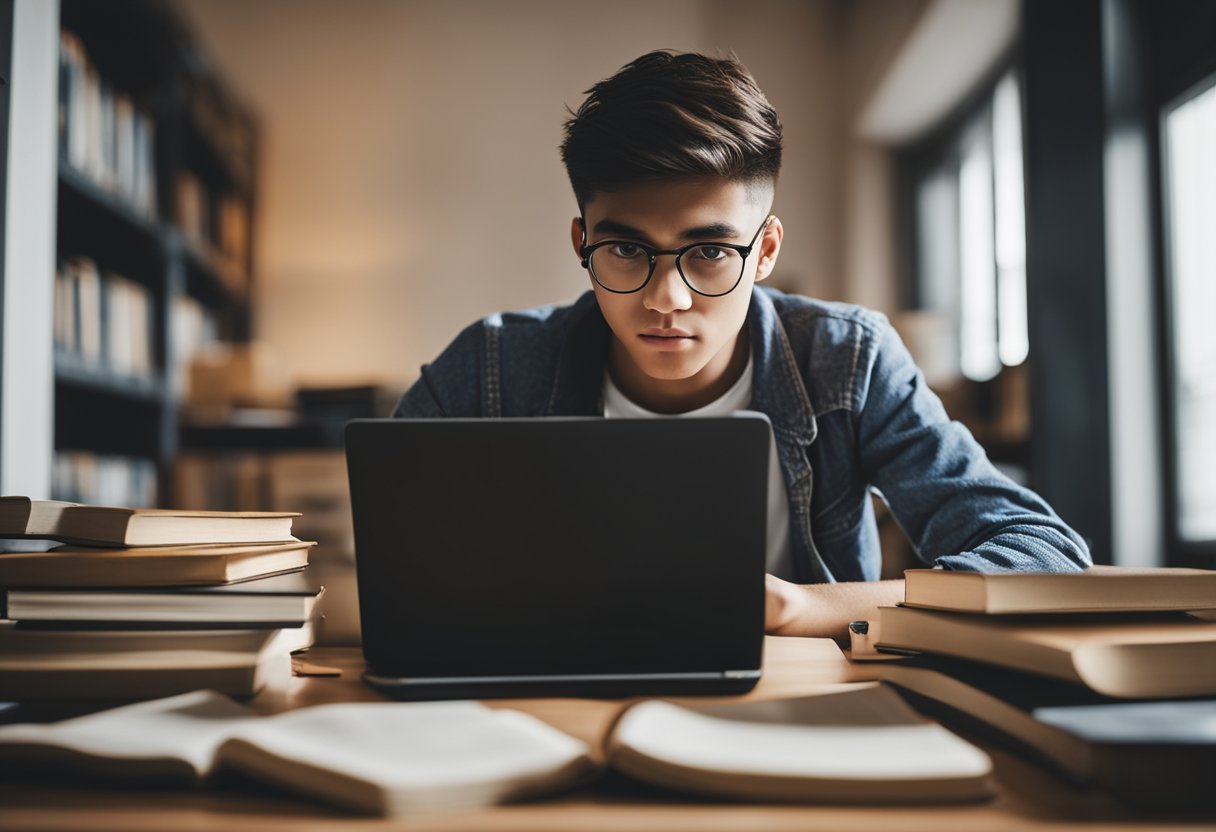 Um adolescente usando um laptop e um smartphone, cercado por livros e papéis, com uma expressão determinada no rosto.