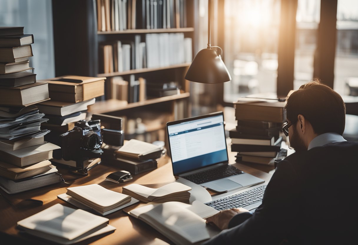 Uma pessoa sentada em uma mesa com um computador, cercada por livros e papéis, traduzindo textos para ganhar dinheiro.