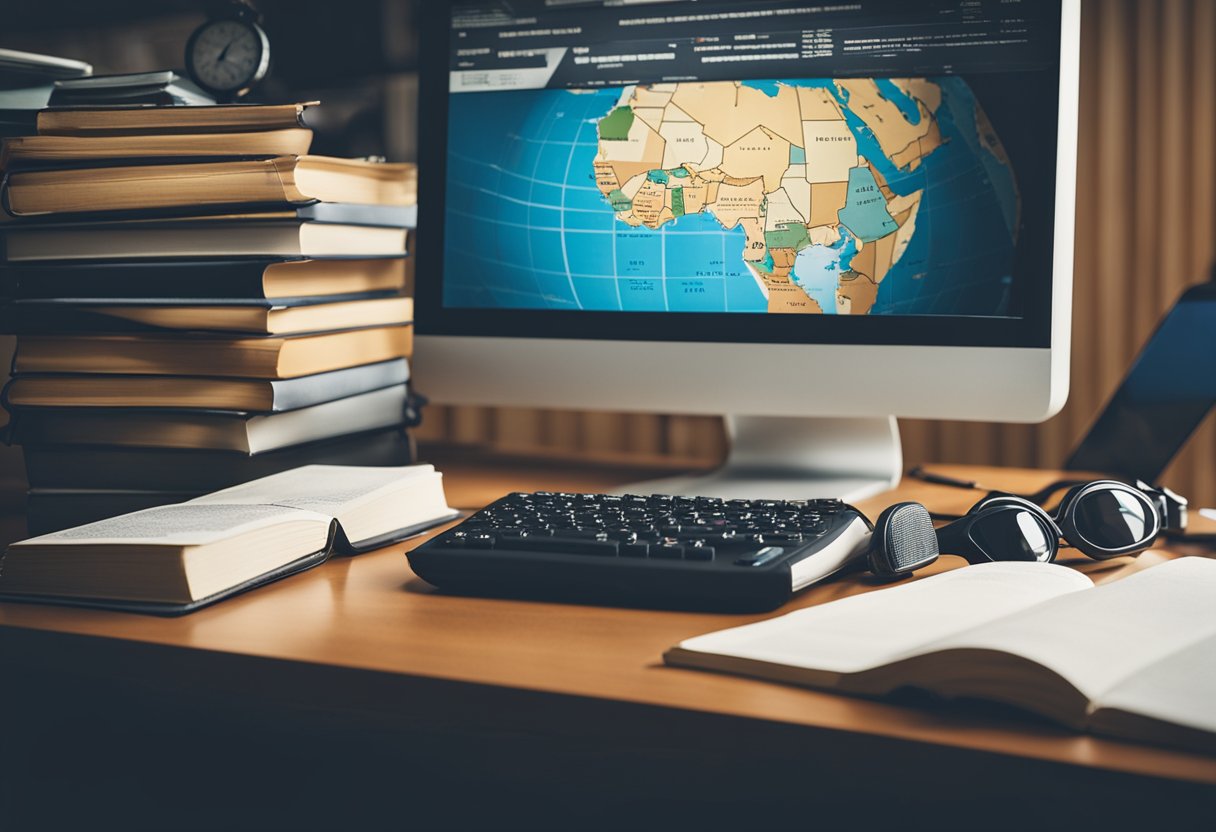 Uma mesa com um computador, pilha de papéis e uma estante cheia de dicionários de idiomas e livros de referência. Um globo e uma calculadora estão sobre a mesa.