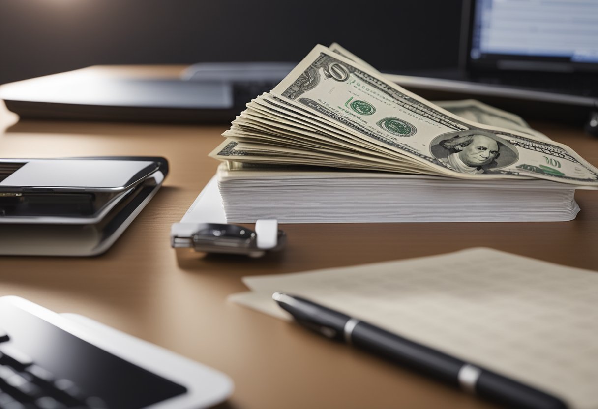 Uma mesa com um computador, caderno e caneta. Uma pilha de papéis com texto em língua estrangeira. Um símbolo de dinheiro ao fundo.