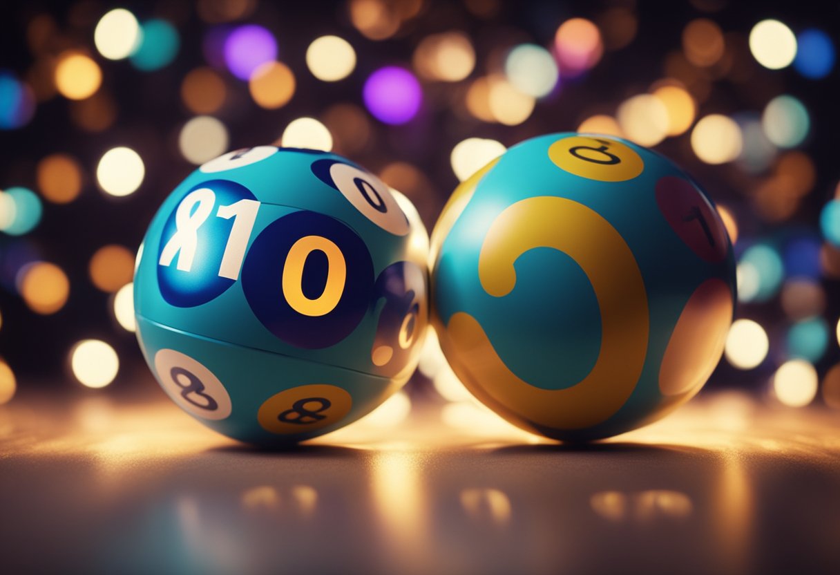 Duas bolas de loteria com os números 01 e 02 sendo sorteadas de um tambor rotativo, cercadas por luzes coloridas e emoção