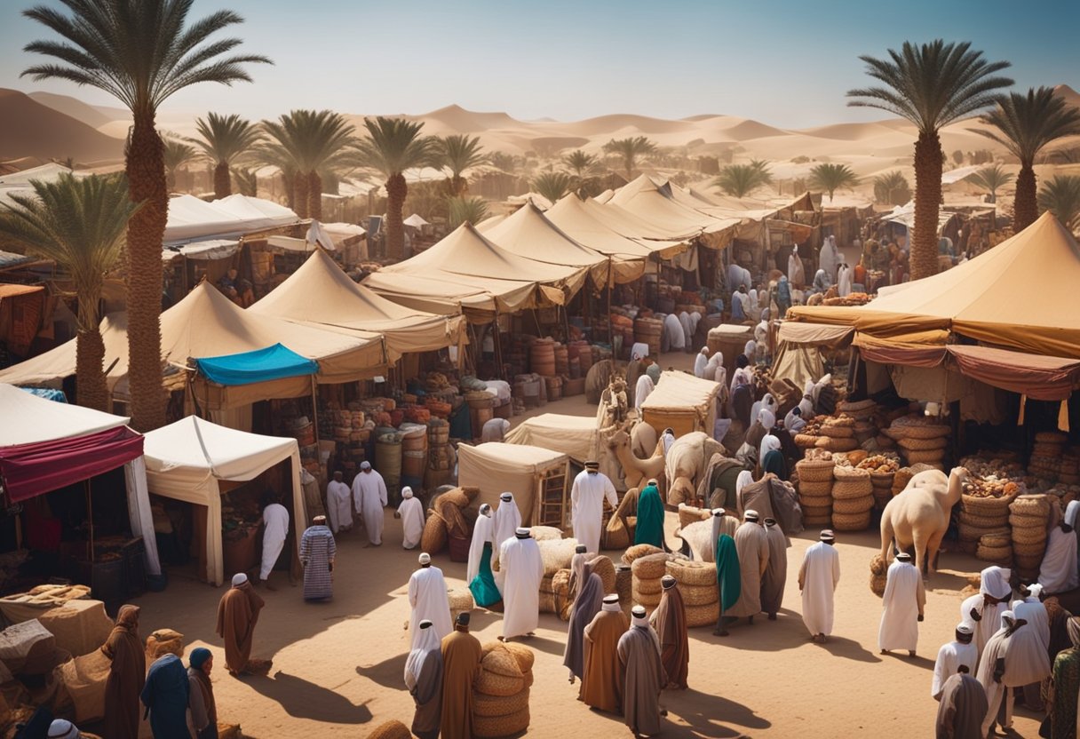 Um mercado movimentado com tendas coloridas e mercadorias exóticas, cercado por palmeiras e camelos, enquanto comerciantes árabes realizam um comércio animado.