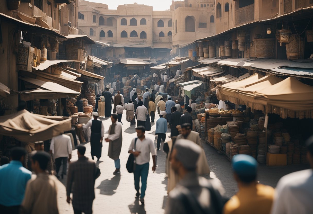 Um mercado movimentado com arquitetura árabe, onde transferências de dinheiro digitais estão sendo feitas usando o sistema PIX.
