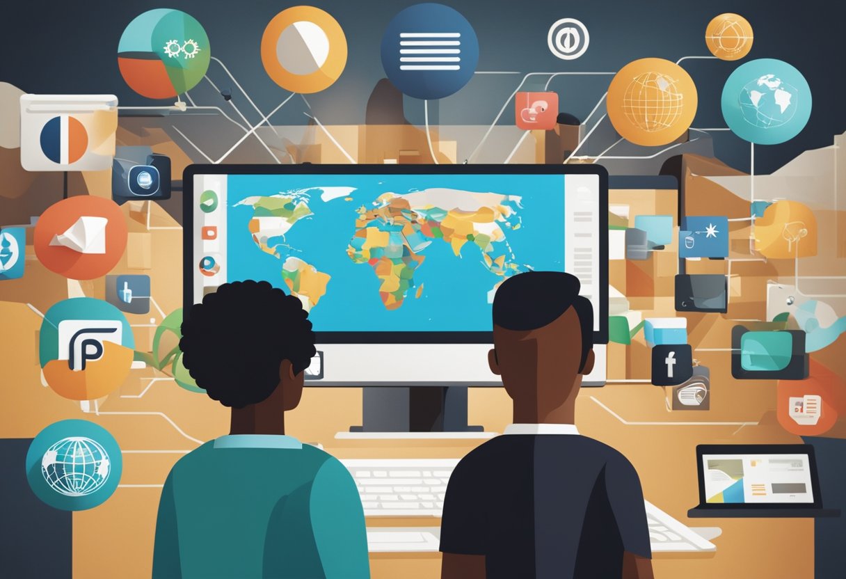 Um grupo diversificado de pessoas, representando diferentes culturas, está ao redor de um dispositivo digital exibindo o logotipo internacional do PIX. Elas trocam bens e serviços, simbolizando o alcance global das transações PIX.