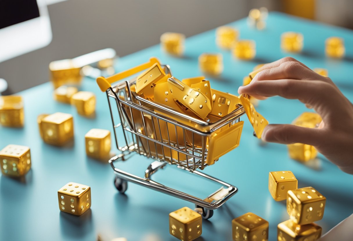 Uma cena vibrante de compras online, com um usuário adicionando itens ao seu carrinho e ganhando pontos no site da Shein.