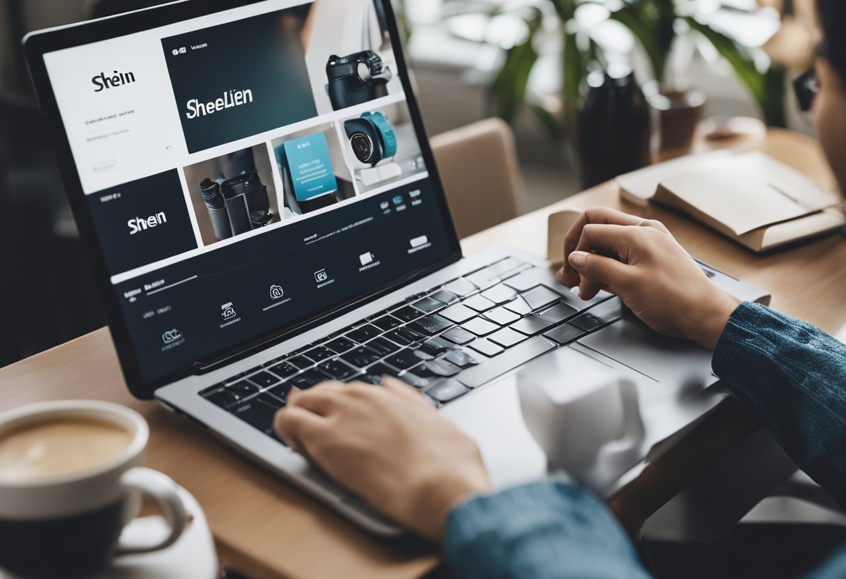 Uma pessoa criando uma conta na Shein e ganhando pontos através de várias atividades, como comprar, compartilhar e avaliar produtos.