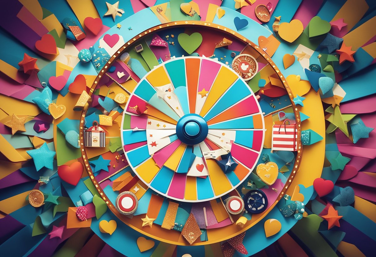 Uma roda colorida com vários valores em pontos, cercada por ícones de sacolas de compras, corações e estrelas