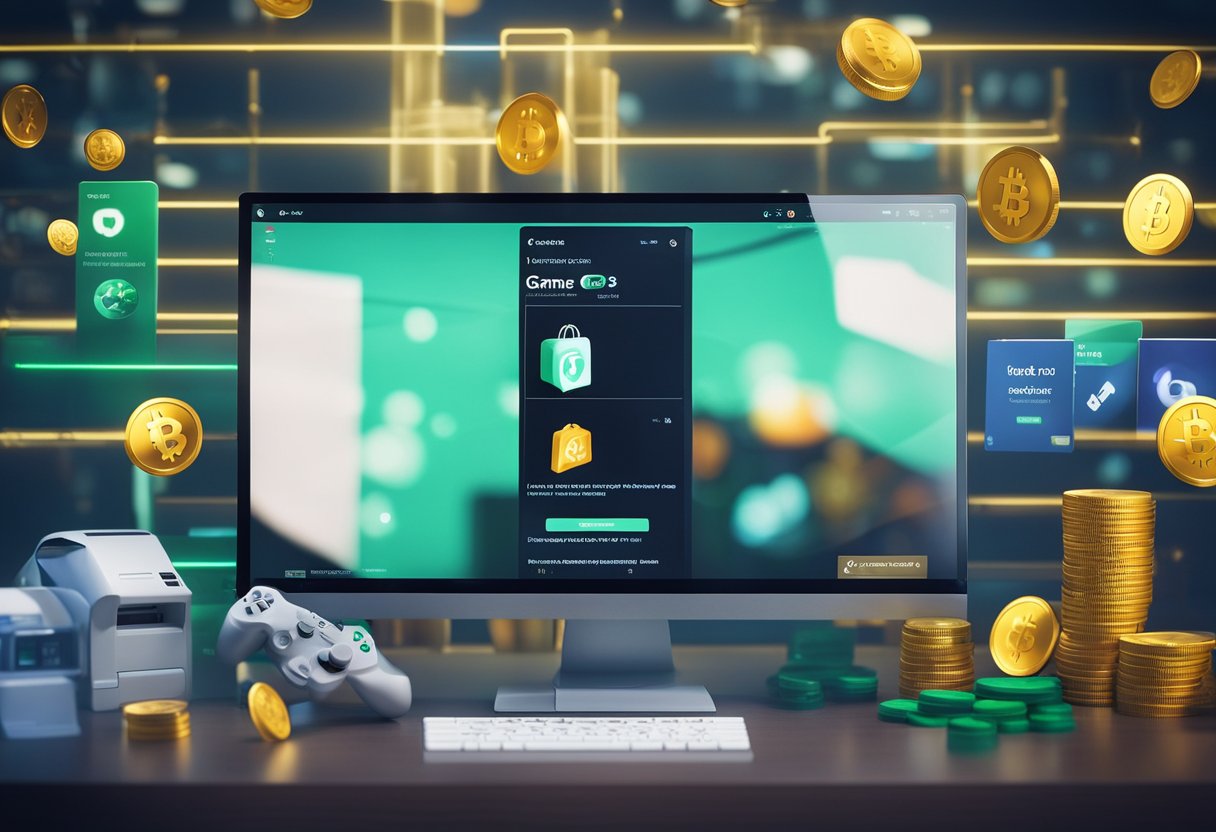 Uma tela de computador exibindo uma interface de jogo com uma oferta de "robux grátis", cercada por moeda virtual e itens relacionados a jogos.