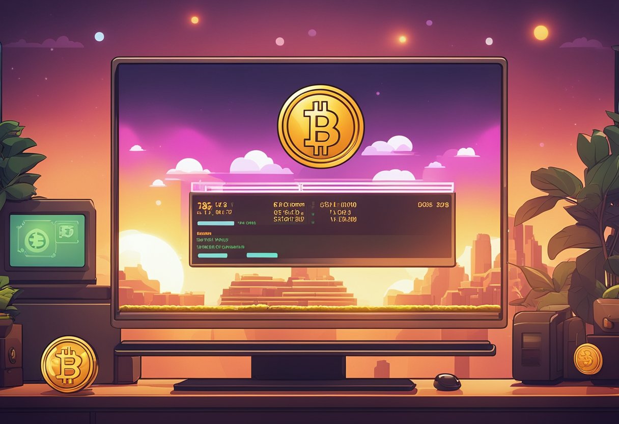 Uma tela de computador exibindo uma interface de jogo com um ícone de moeda virtual e uma barra de progresso se enchendo