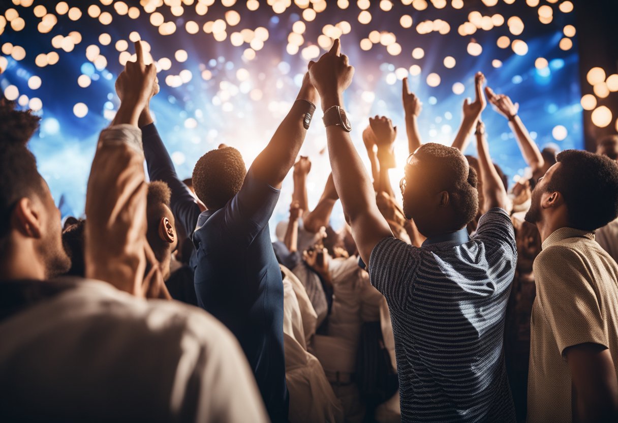 Um grupo de pessoas celebrando enquanto seus números vencedores da Timemania são anunciados em um telão.