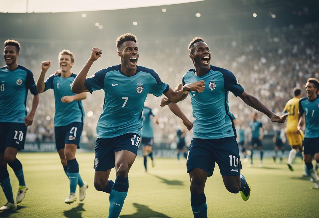 Um grupo de jogadores de futebol celebrando uma vitória em campo