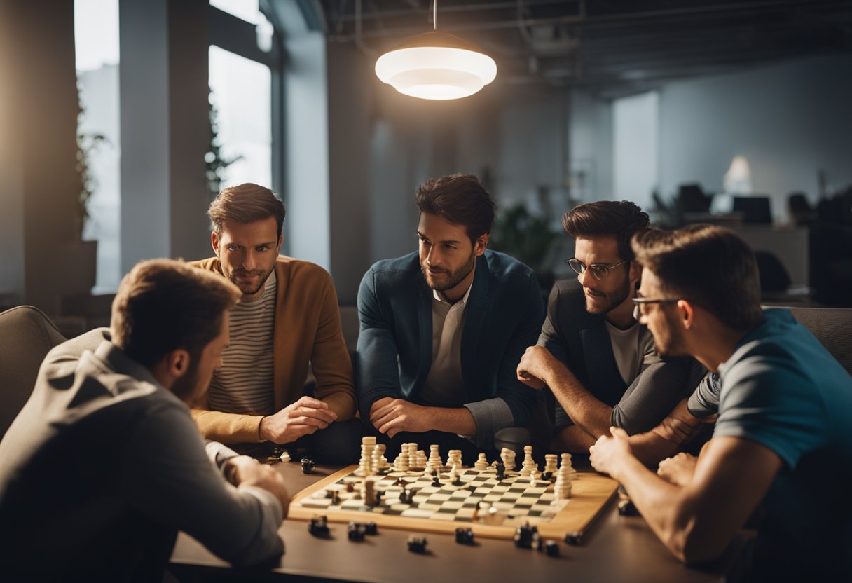 Um grupo de pessoas se reuniu em torno de uma mesa, estudando estratégias do jogo timemania e discutindo maneiras de aumentar suas chances de ganhar.