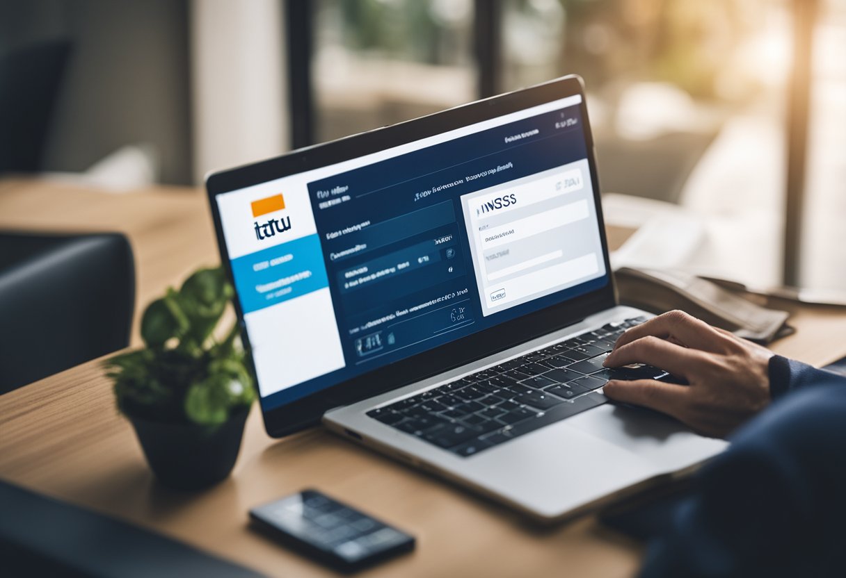 Uma pessoa usando um computador para acessar sua conta do INSS através do site do Itaú e criando uma senha inicial.