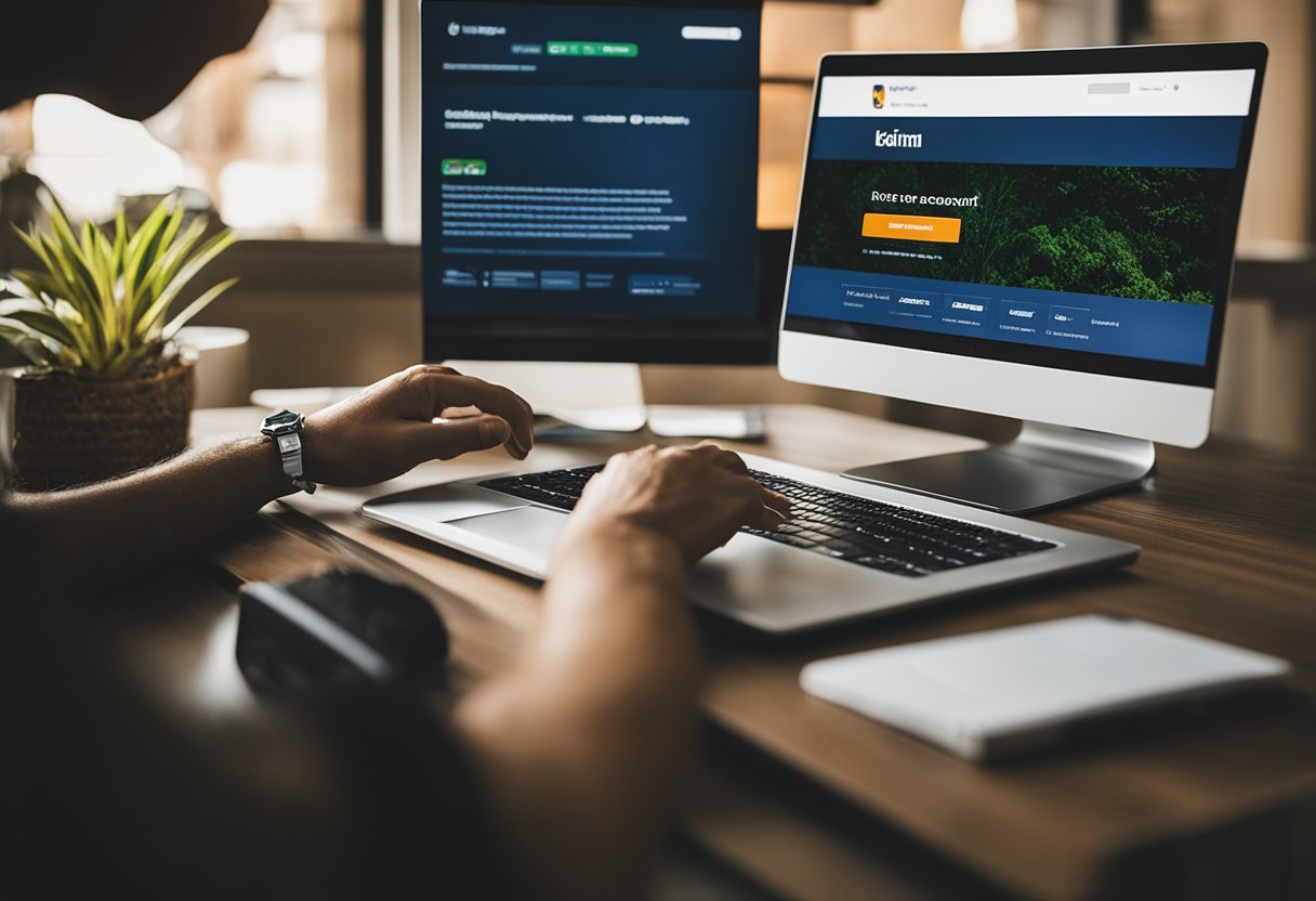 Uma pessoa sentada em um computador, fazendo login no site do Banco Itaú para acessar sua conta do Meu INSS e gerar uma senha inicial.