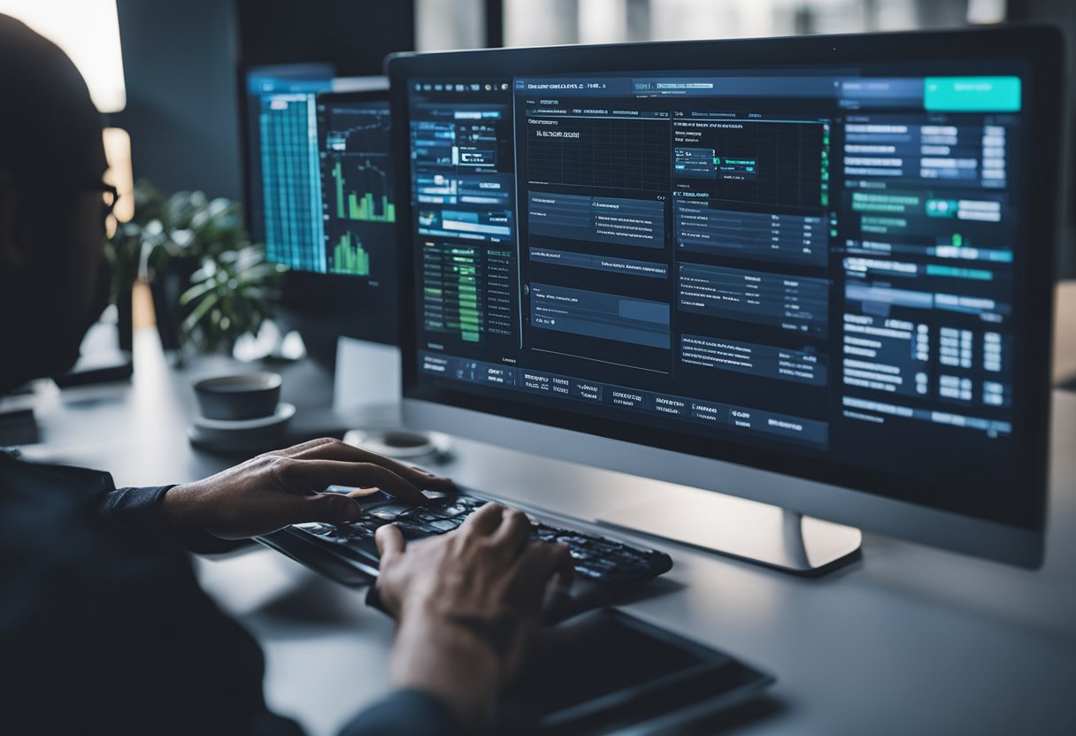 Uma pessoa usando um computador para acessar o site do Banco Neon e navegando pelos passos para gerar um boleto.