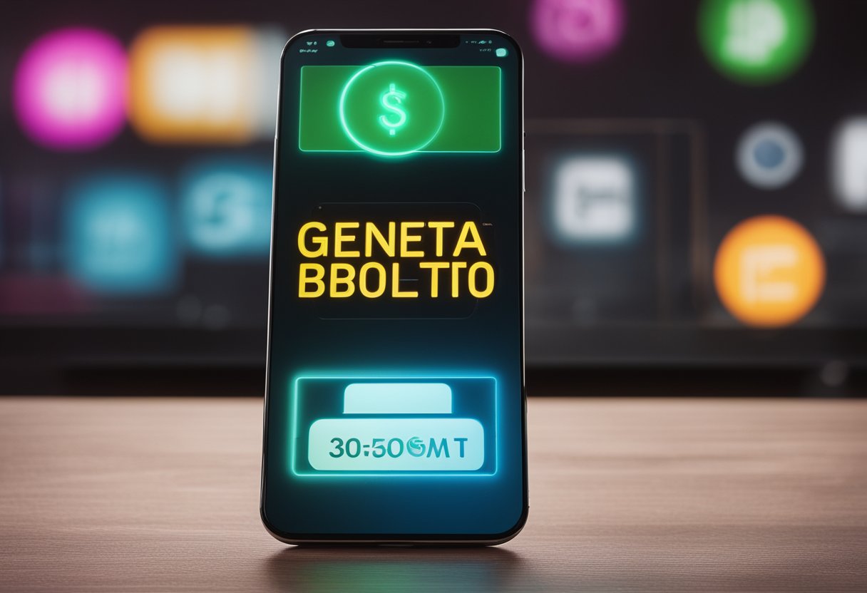 Uma tela de smartphone exibindo o aplicativo Neon com um botão "Gerar Boleto", ao lado de um logotipo de banco em cores neon