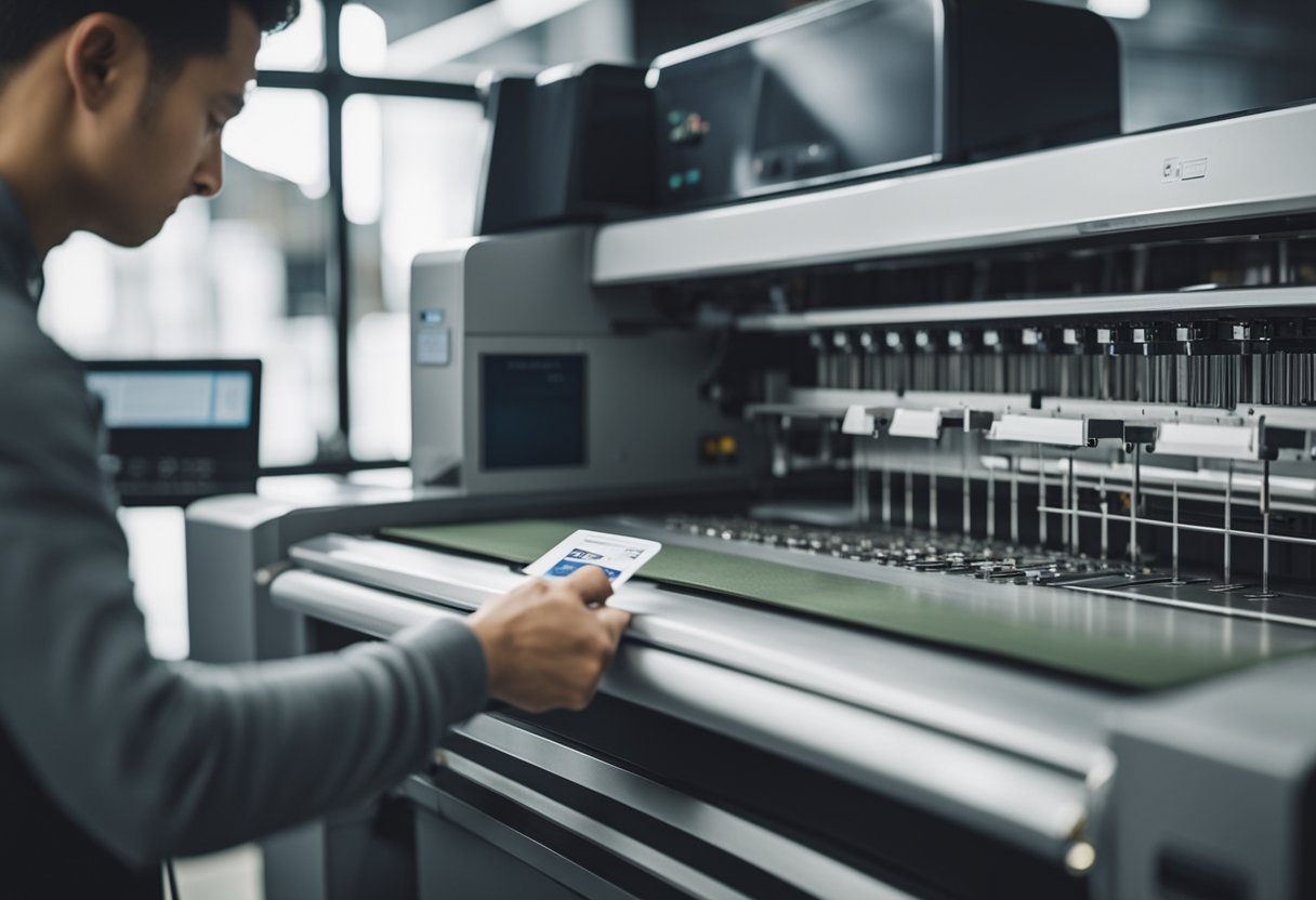 Uma pessoa em pé em uma impressora, inserindo um cartão na fenda para imprimir seu cartão PIS/PASEP