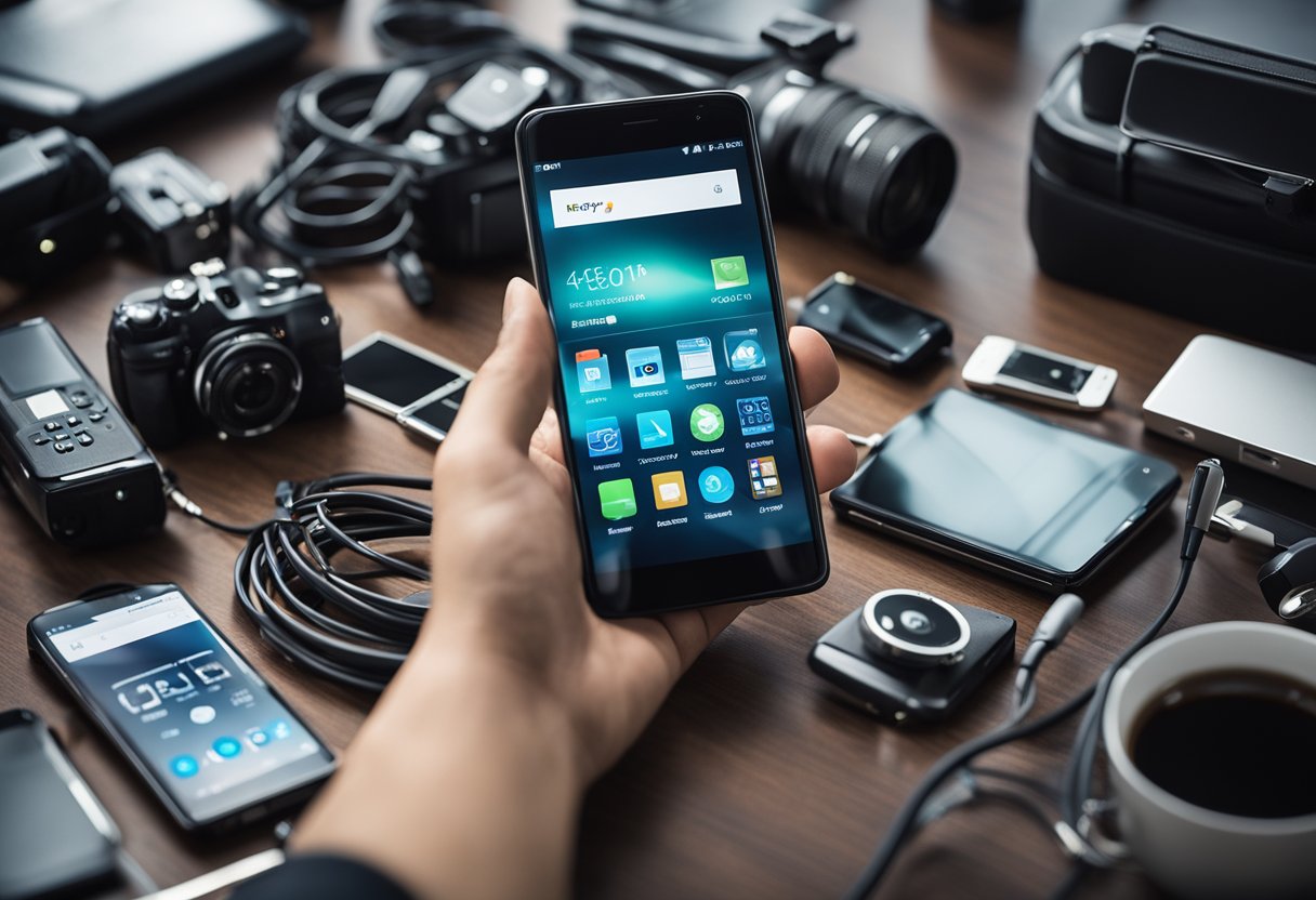 Um smartphone com o processo de instalação do mSpy exibido na tela, cercado por vários dispositivos eletrônicos e cabos