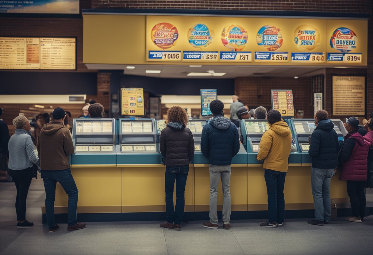 Um grupo de pessoas em pé na fila de um quiosque de loteria, ansiosamente esperando para comprar bilhetes da loteria americana.