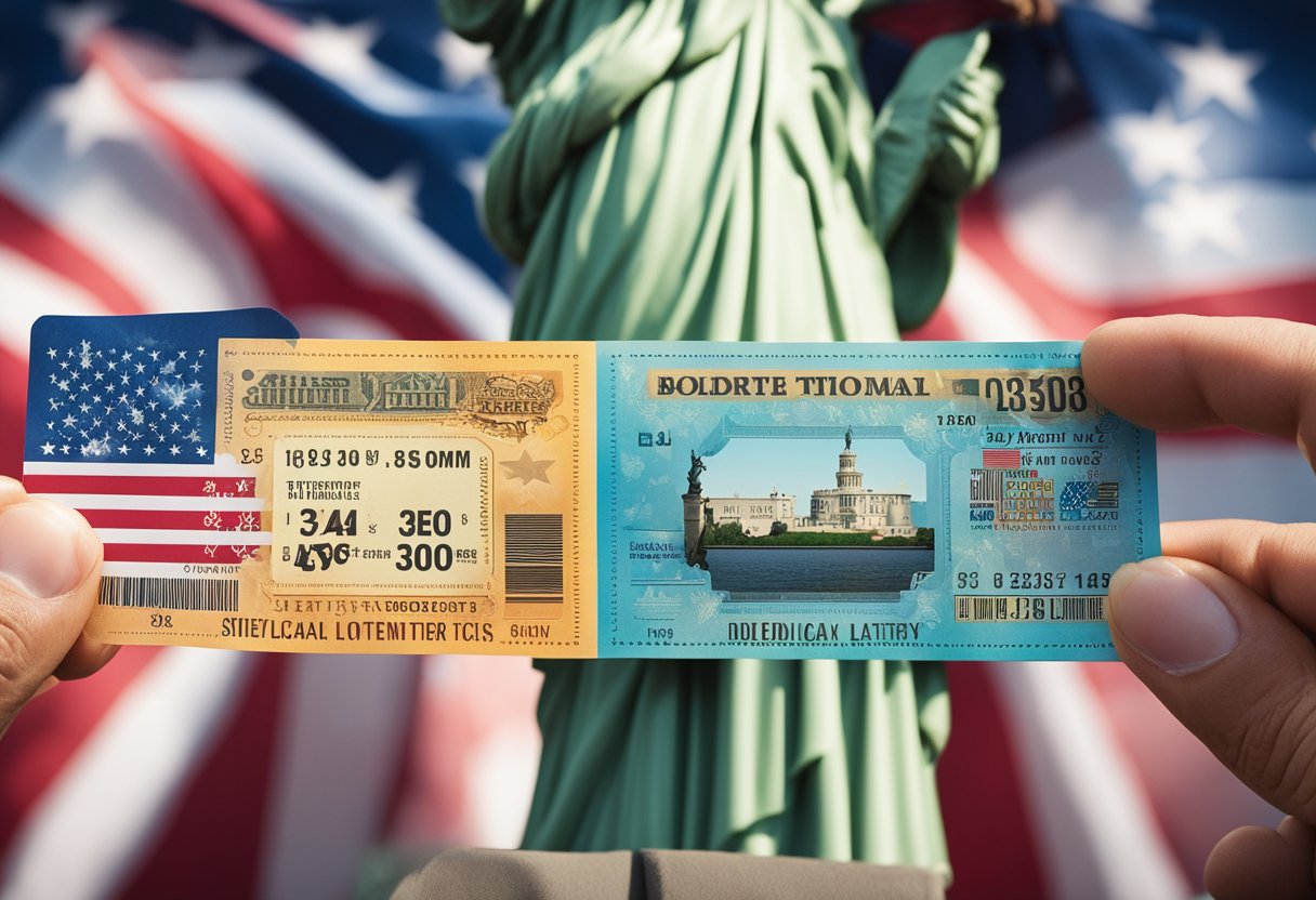 Um bilhete de loteria colorido sendo segurado em frente a um fundo de símbolos icônicos americanos, como a Estátua da Liberdade e a bandeira americana.