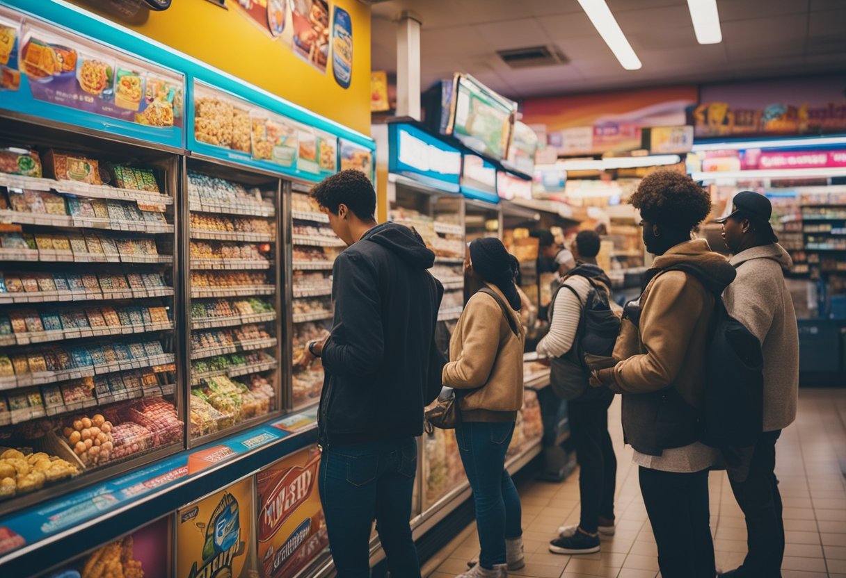 Um grupo de pessoas comprando bilhetes de loteria em uma loja de conveniência americana colorida e movimentada.