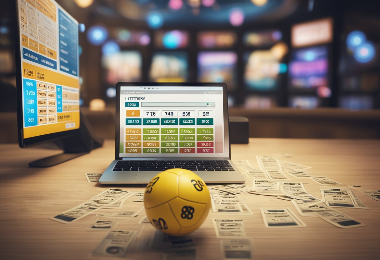 Uma tela de computador exibindo um site de loteria com a interface do jogo Lotofácil aberta, um cursor de mouse clicando em números e um bilhete digital sendo gerado.