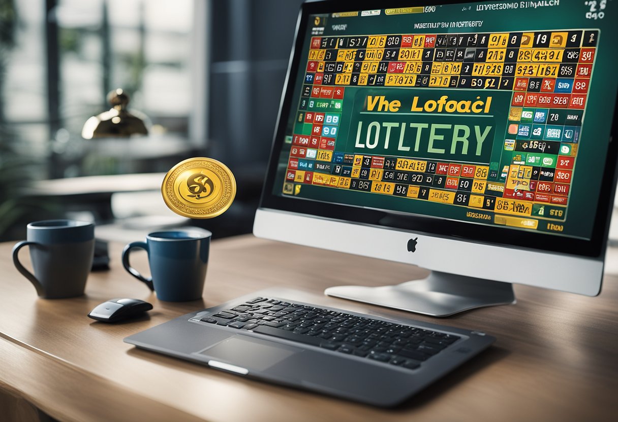 Uma tela de computador exibindo um site com o logo da Lotofácil e um bilhete de loteria virtual sendo preenchido com seleções digitais