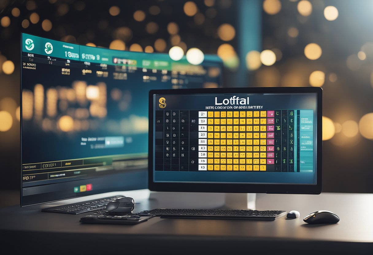 Uma tela de computador exibindo o site da Lotofácil com um cursor de mouse selecionando números em um bilhete de loteria virtual