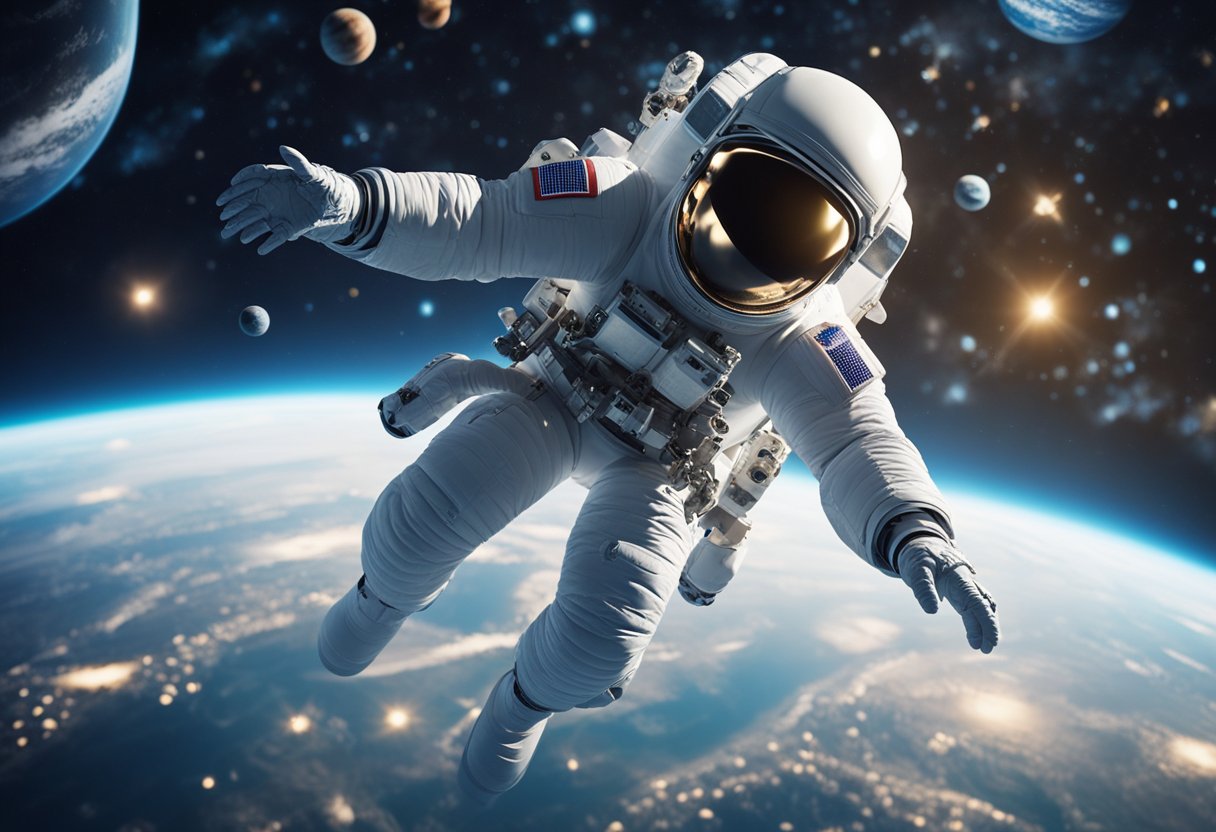Um astronauta flutuando em gravidade zero, cercado por estrelas e planetas, manipulando controles em uma espaçonave futurista.