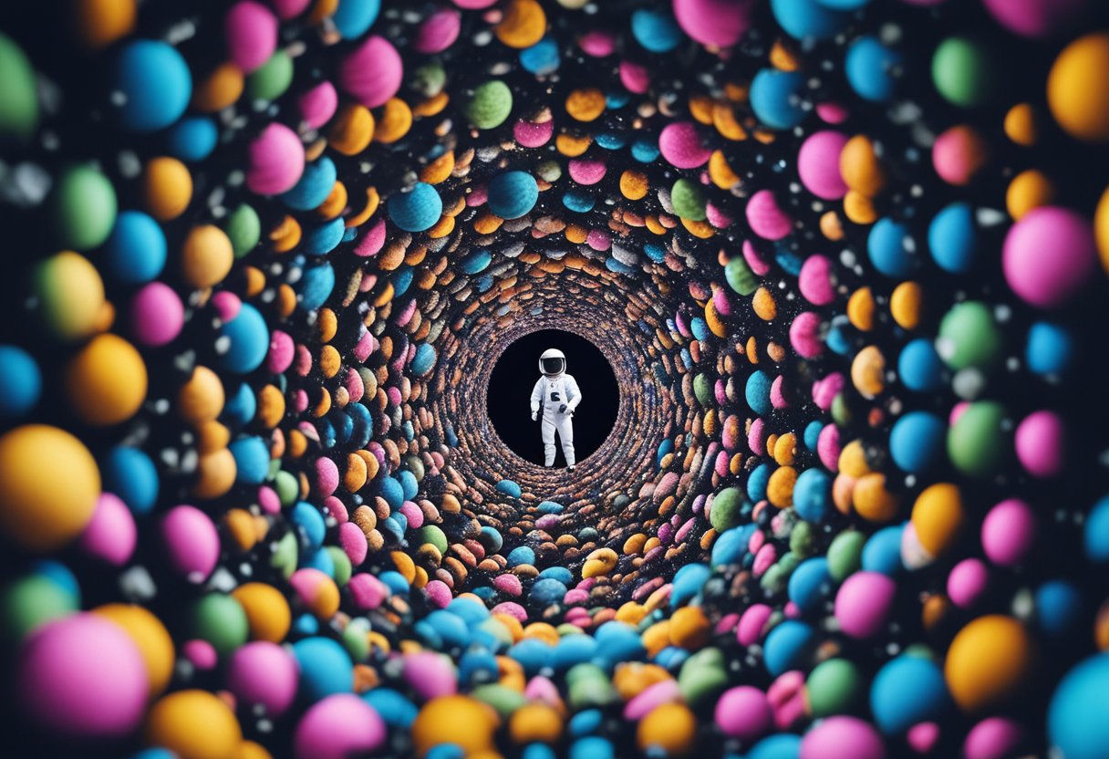 Um astronauta flutuando em gravidade zero, navegando por um labirinto de asteroides e planetas coloridos