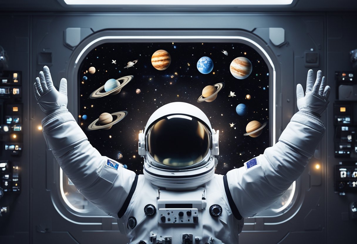 Um astronauta flutuando em gravidade zero, cercado por estrelas e planetas, estendendo a mão para tocar um painel de controle brilhante.