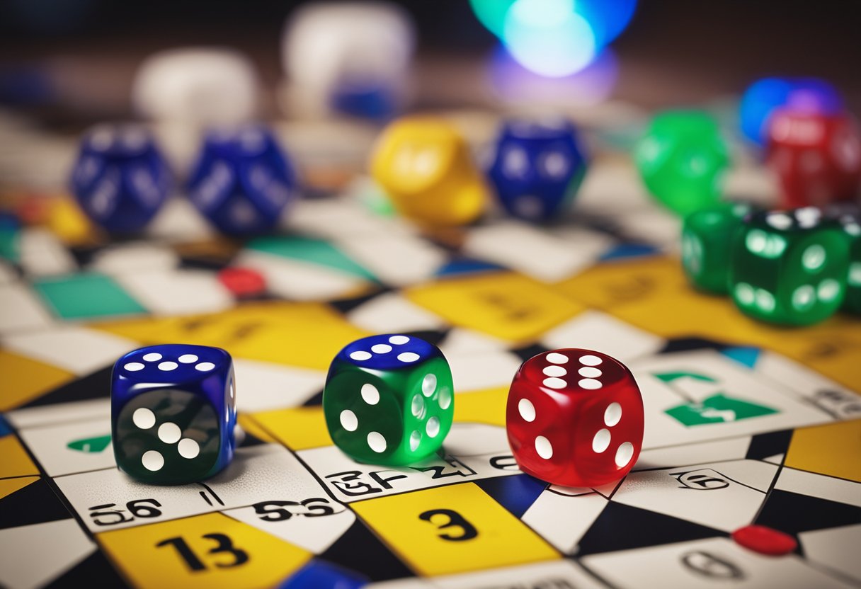 Um tabuleiro de jogo colorido com quadrados numerados, dados e peças de jogo dispostos sobre uma mesa, com um guia aberto nas instruções do "Super Sete" próximo.