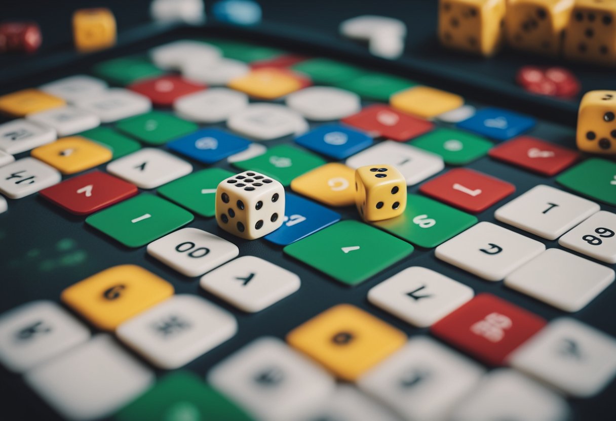 Um tabuleiro de jogo colorido com casas numeradas e um conjunto de dados, cercado por um grupo de pessoas ansiosas para aprender a jogar Super Sete.