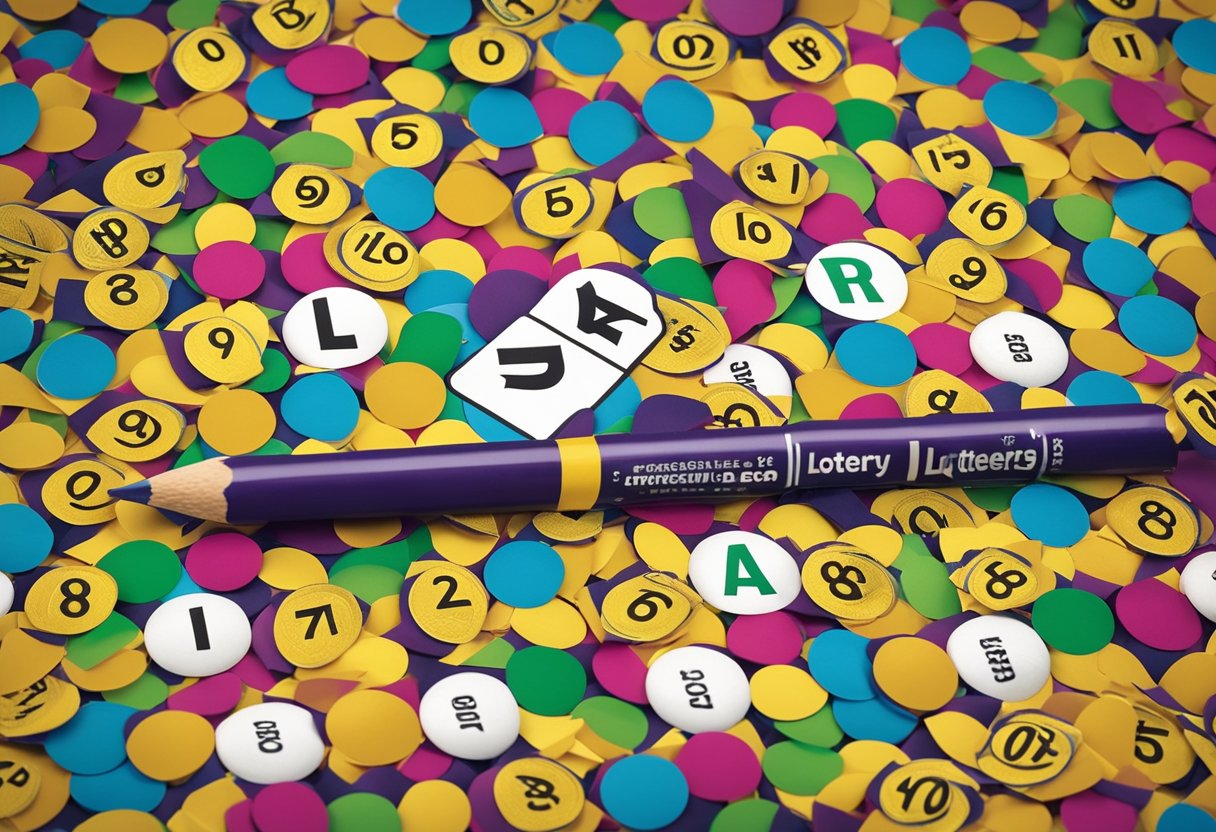 Um bilhete de loteria colorido com o logo do Super Sete, cercado por sete bolas numeradas e uma mão segurando um lápis pronta para marcar os números escolhidos.