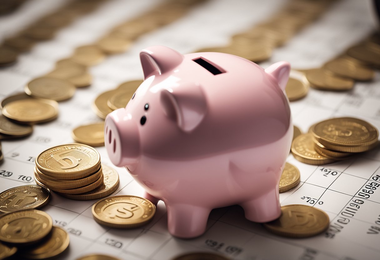 Um cofre sendo preenchido com moedas e notas, cercado por um calendário que marca a passagem do tempo