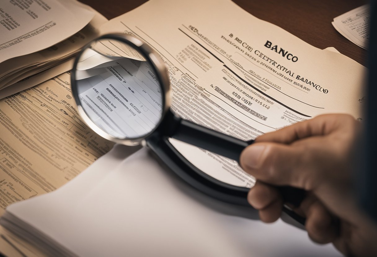 Uma pessoa segurando uma lupa, examinando um documento com o logo do Banco Central, enquanto uma luz brilhante ilumina o papel.