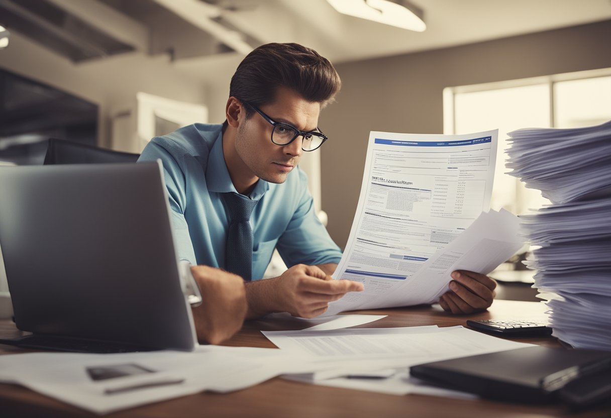 Uma pessoa revisando documentos financeiros com uma expressão determinada, cercada por papéis e um computador exibindo um relatório de crédito.