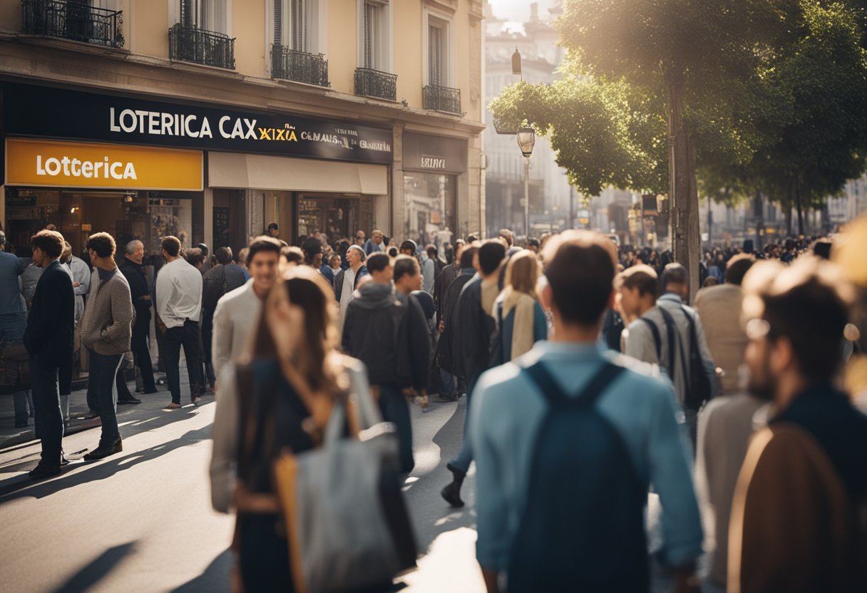 Uma esquina movimentada com uma placa brilhante dizendo "Loterica Caixa" e uma fila de pessoas esperando para entrar
