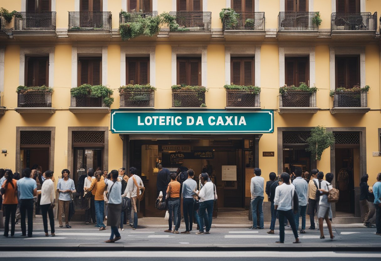 Uma esquina movimentada com um letreiro colorido escrito "Lotérica da Caixa" e uma fila de pessoas esperando para entrar
