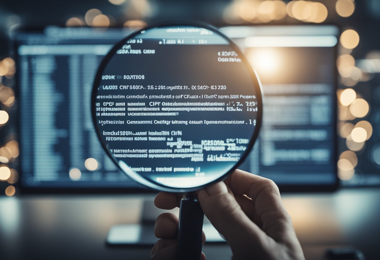 Uma pessoa segurando uma lupa sobre uma tela de computador com uma busca em banco de dados pelas informações de uma pessoa usando seu CPF.