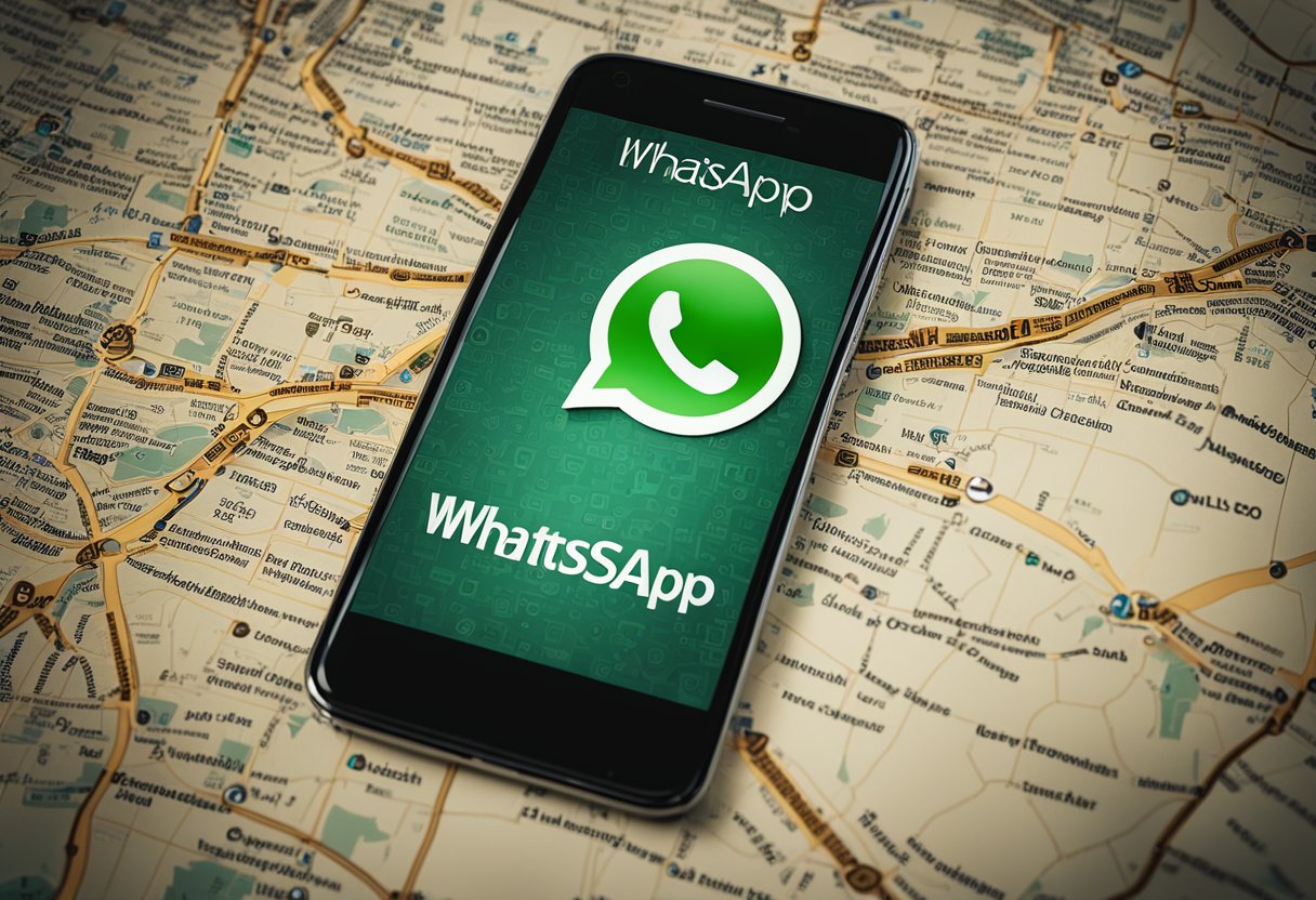 Um smartphone com uma conversa do WhatsApp aberta, mostrando um mapa com uma localização marcada.