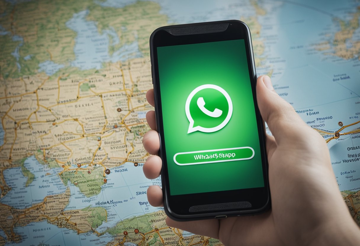 Um smartphone com um chat do WhatsApp aberto, mostrando um mapa com uma localização marcada.