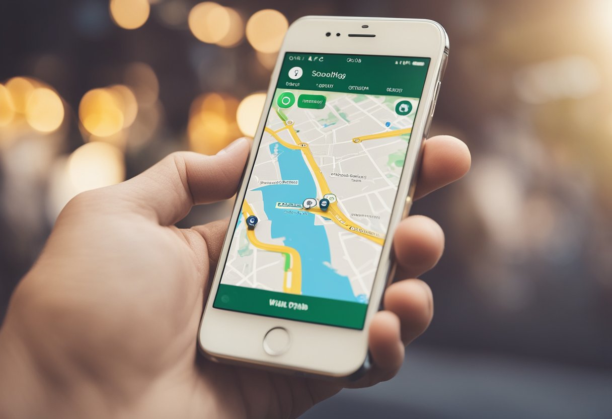 Um smartphone com um aplicativo de mapa aberto, mostrando uma localização marcada e uma conversa no WhatsApp.