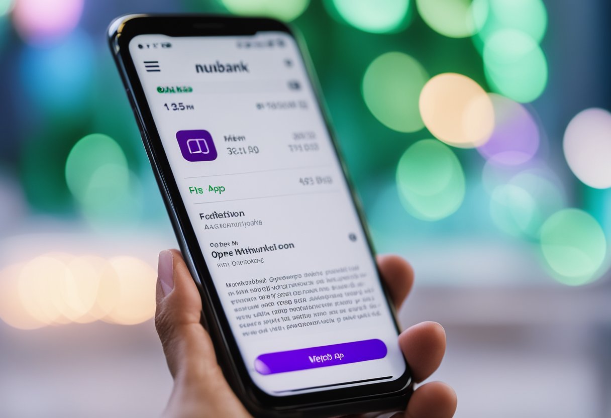 Um smartphone exibindo o aplicativo Nubank aberto na página da fatura, com um chat do WhatsApp aberto e a fatura sendo enviada como um anexo.