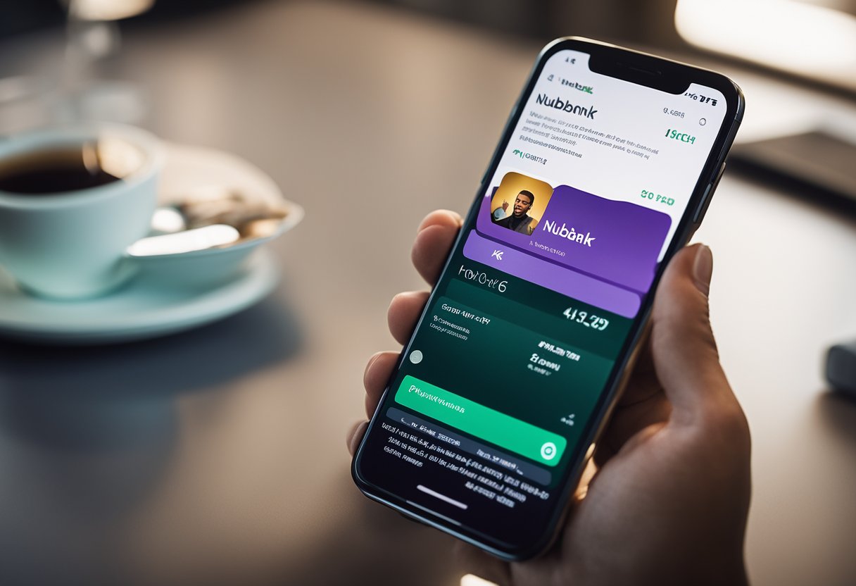 Um smartphone exibindo o aplicativo Nubank aberto na seção de fatura, com um chat do WhatsApp aberto e a fatura sendo enviada.