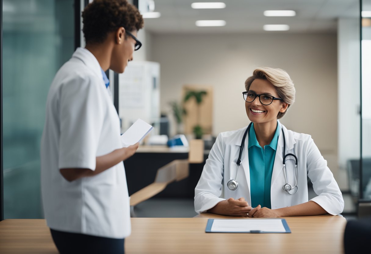Uma pessoa segurando um Cartão de Todos e conversando com um recepcionista em um consultório médico para agendar uma consulta.