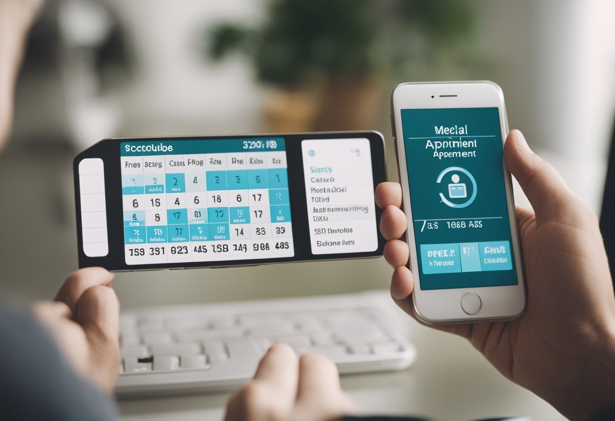 Uma pessoa segurando um Cartão de Todos e usando um smartphone para agendar uma consulta médica