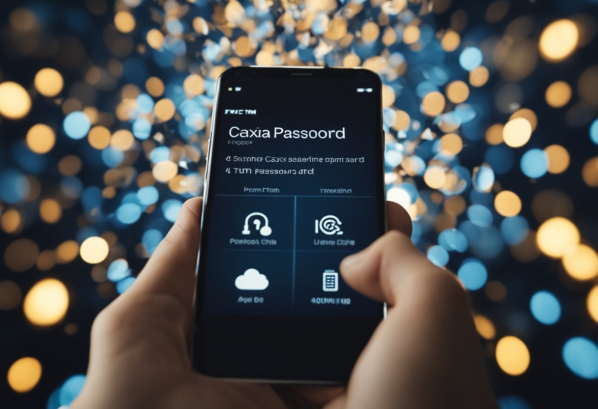 Uma pessoa acessando o aplicativo Caixa Tem em seu smartphone, navegando pelas configurações e inserindo uma nova senha.